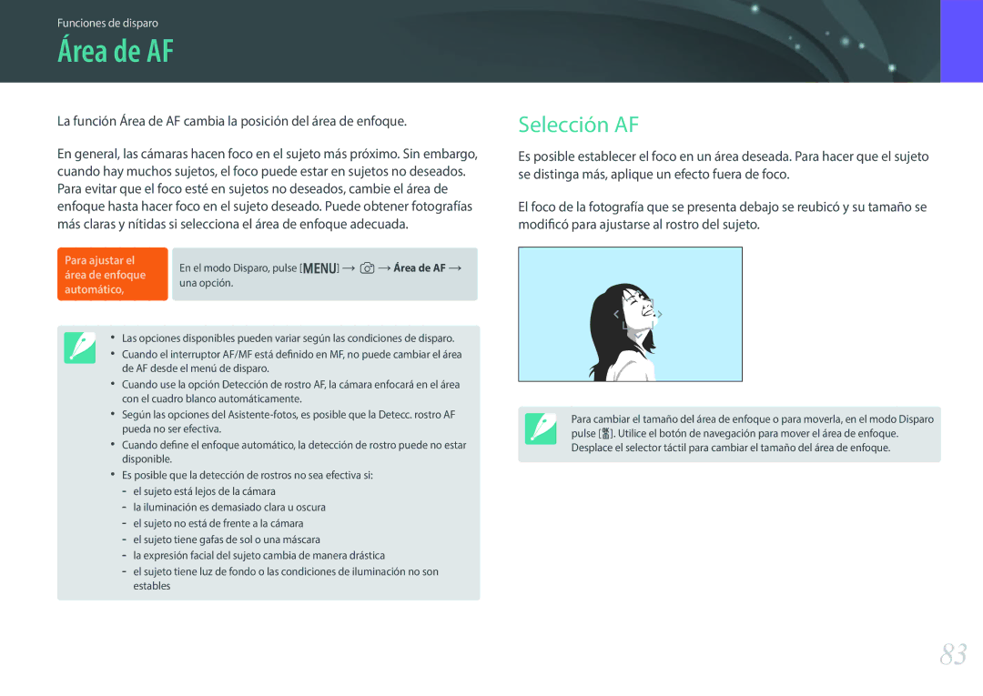 Samsung EV-NX300ZBQUES, EV-NX300ZBQUPT, EV-NX300ZBUTES, EV-NX300ZBQUIL, EV-NX300ZBSTES manual Área de AF, Selección AF 