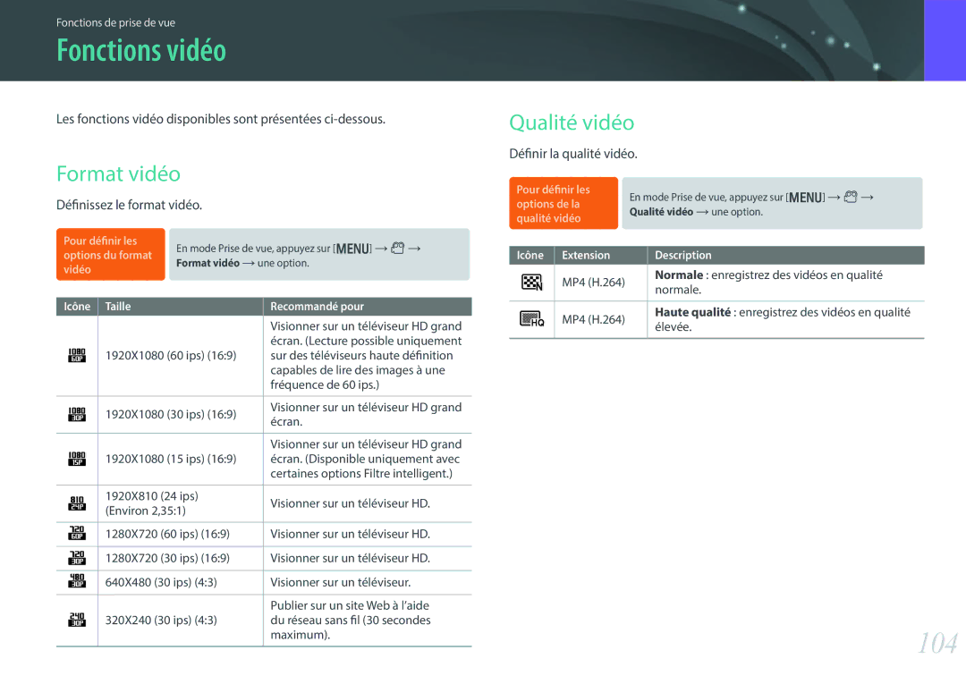 Samsung EV-NX300ZBQUFR, EV-NX300ZBSVFR, EV-NX300ZBFUFR, EV-NX300ZBSTFR manual Fonctions vidéo, 104, Format vidéo Qualité vidéo 