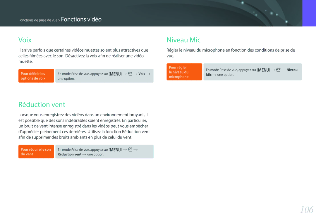 Samsung EV-NX300ZBSTFR, EV-NX300ZBSVFR, EV-NX300ZBQUFR, EV-NX300ZBFUFR manual 106, Voix, Réduction vent, Niveau Mic 