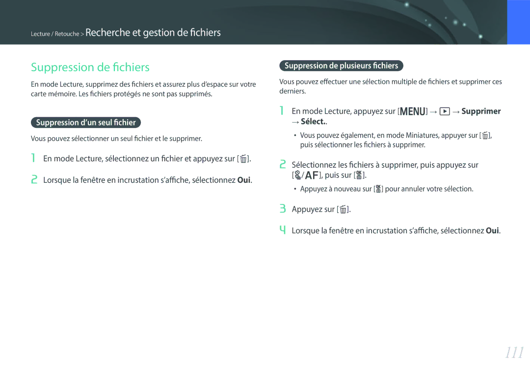 Samsung EV-NX300ZBSVFR 111, Suppression de fichiers, Suppression d’un seul fichier, Suppression de plusieurs fichiers 