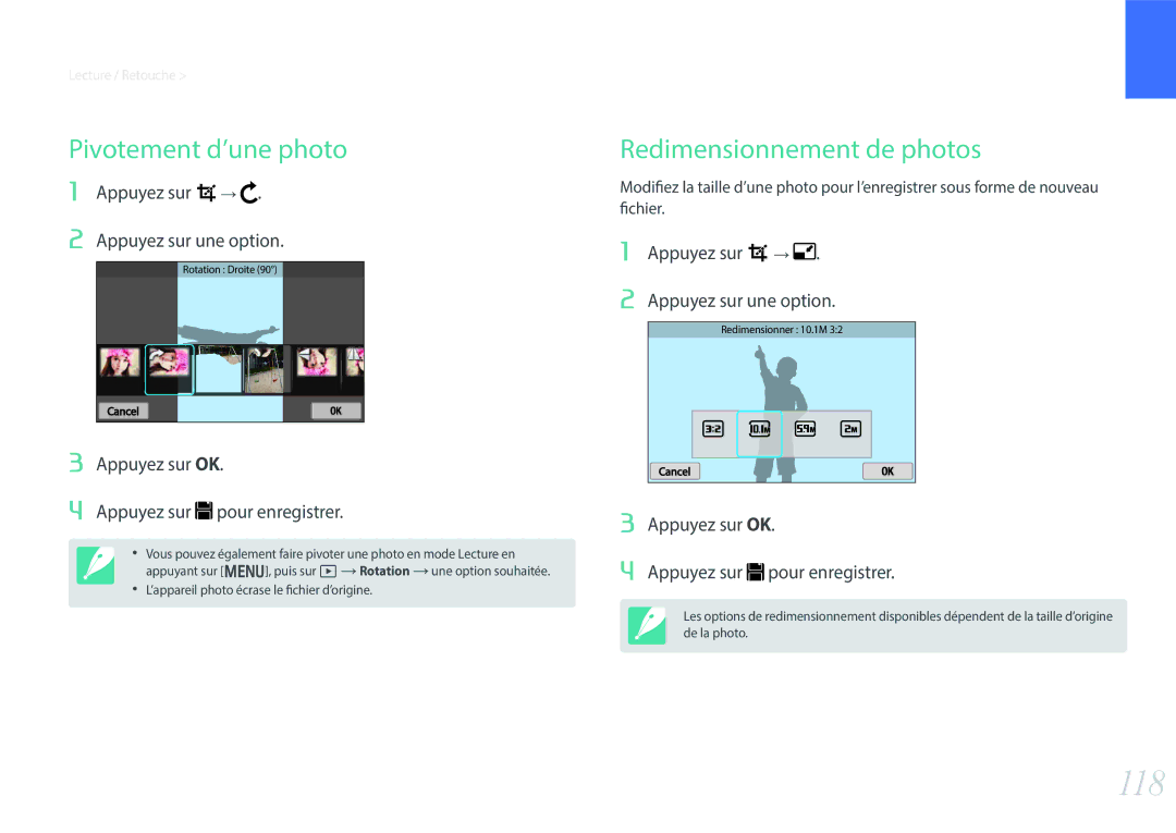 Samsung EV-NX300ZBSTFR manual 118, Pivotement d’une photo, Redimensionnement de photos, Appuyez sur Appuyez sur une option 