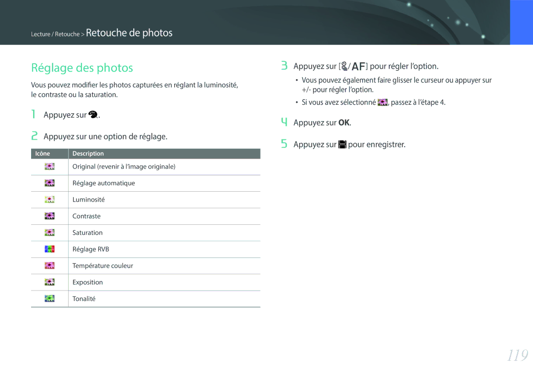 Samsung EV-NX300ZBSVFR manual 119, Appuyez sur Appuyez sur une option de réglage, Appuyez sur C/F pour régler l’option 