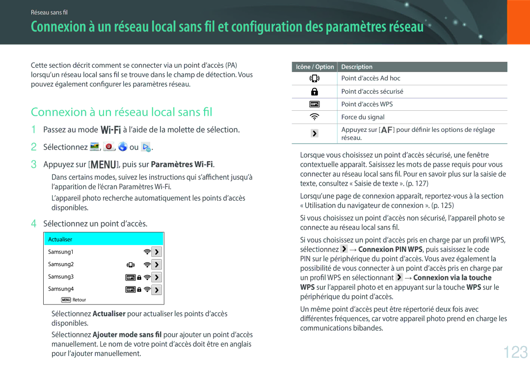 Samsung EV-NX300ZBSVFR, EV-NX300ZBQUFR manual 123, Connexion à un réseau local sans fil, Sélectionnez un point d’accès 
