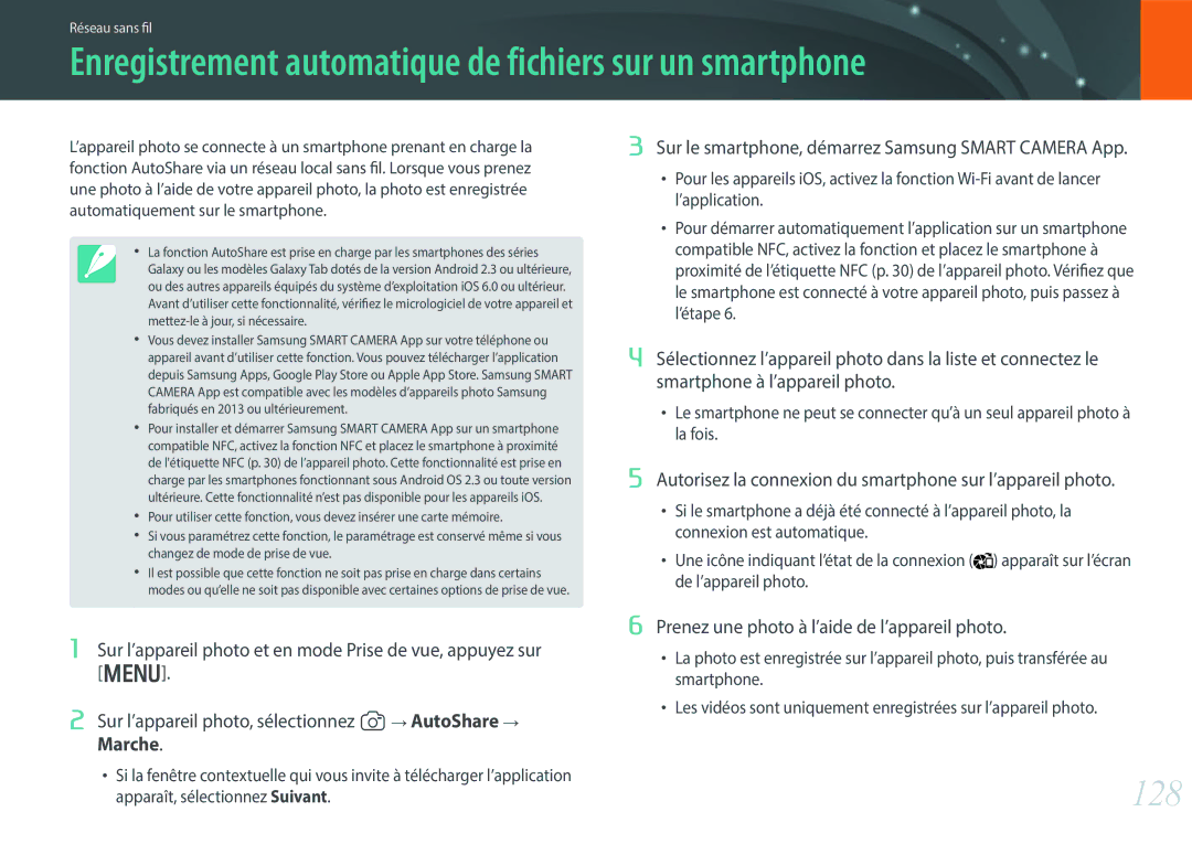 Samsung EV-NX300ZBQUFR, EV-NX300ZBSVFR, EV-NX300ZBFUFR manual 128, Autorisez la connexion du smartphone sur l’appareil photo 