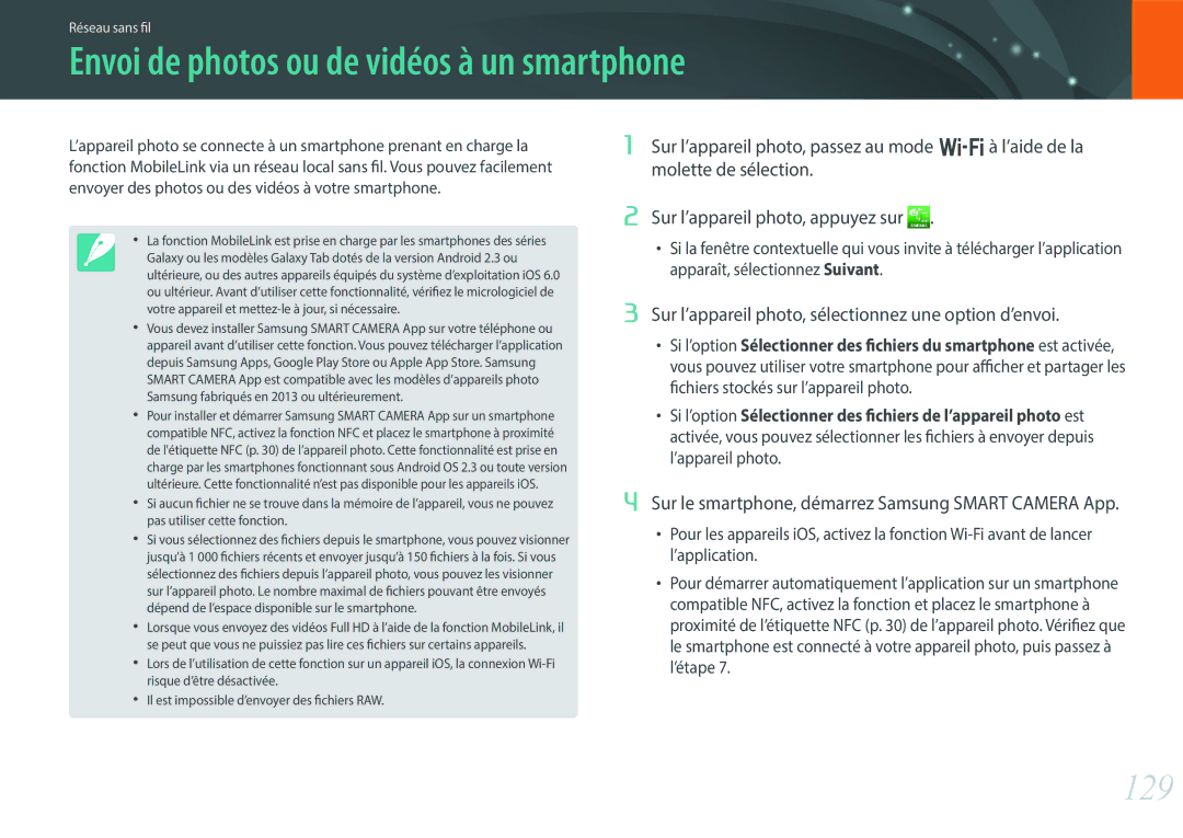 Samsung EV-NX300ZBFUFR manual 129, Sur l’appareil photo, appuyez sur, Sur l’appareil photo, sélectionnez une option d’envoi 