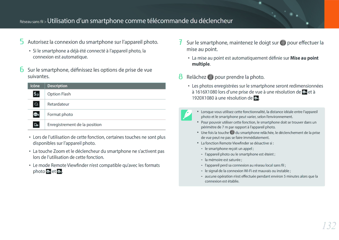 Samsung EV-NX300ZBQUFR, EV-NX300ZBSVFR, EV-NX300ZBFUFR, EV-NX300ZBSTFR manual 132, Relâchez pour prendre la photo 