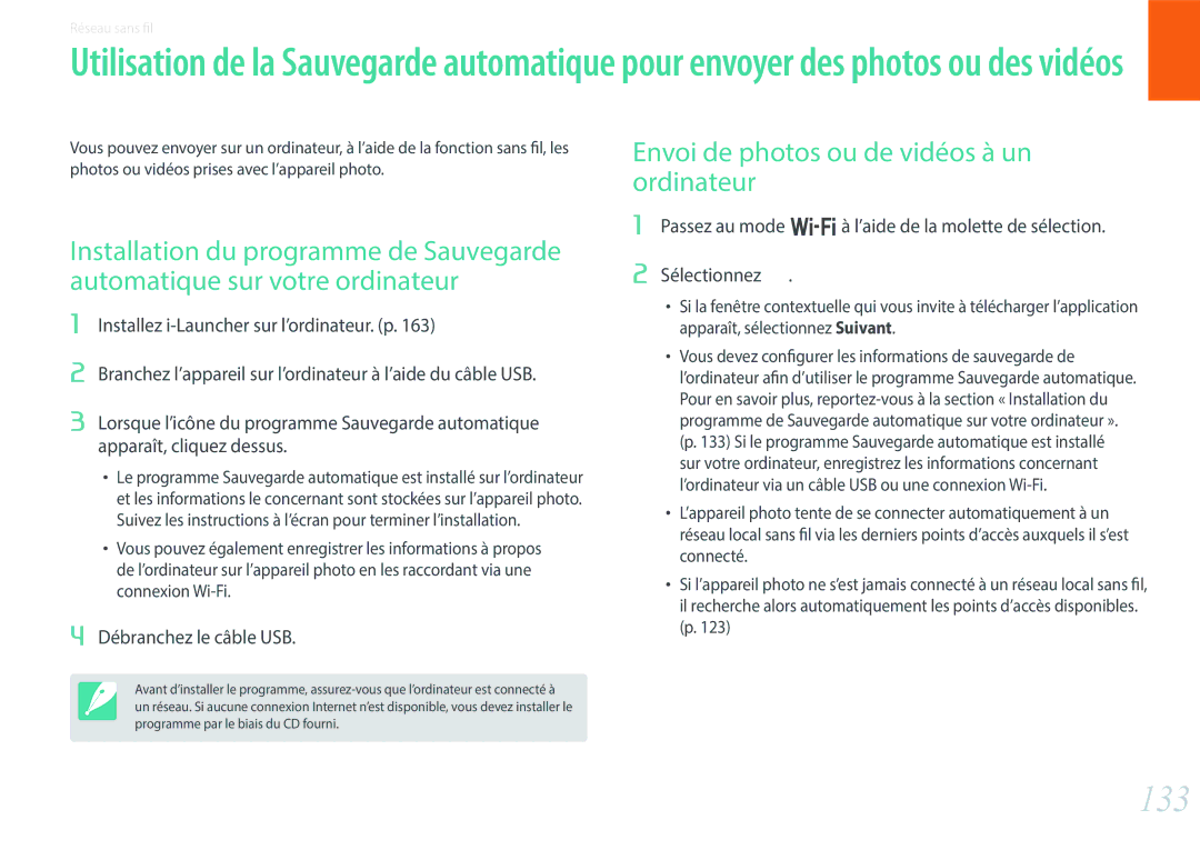 Samsung EV-NX300ZBFUFR, EV-NX300ZBSVFR manual 133, Envoi de photos ou de vidéos à un ordinateur, Débranchez le câble USB 