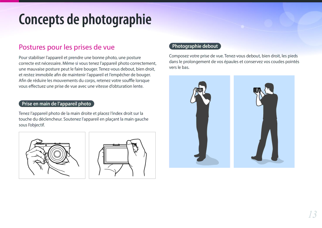 Samsung EV-NX300ZBFUFR, EV-NX300ZBSVFR, EV-NX300ZBQUFR manual Prise en main de l’appareil photo, Photographie debout 