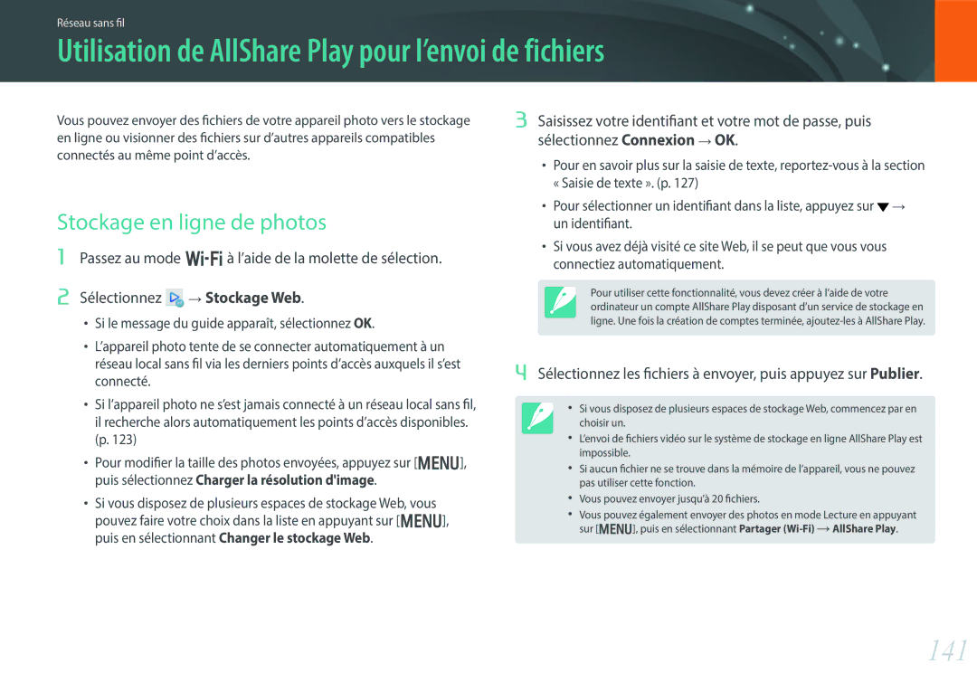 Samsung EV-NX300ZBFUFR manual Utilisation de AllShare Play pour l’envoi de fichiers, 141, Stockage en ligne de photos 