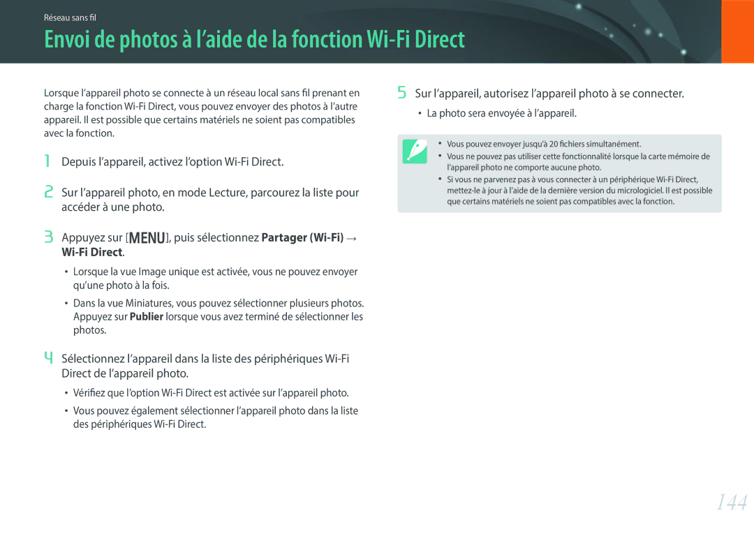 Samsung EV-NX300ZBQUFR, EV-NX300ZBSVFR, EV-NX300ZBFUFR manual Envoi de photos à l’aide de la fonction Wi-Fi Direct, 144 