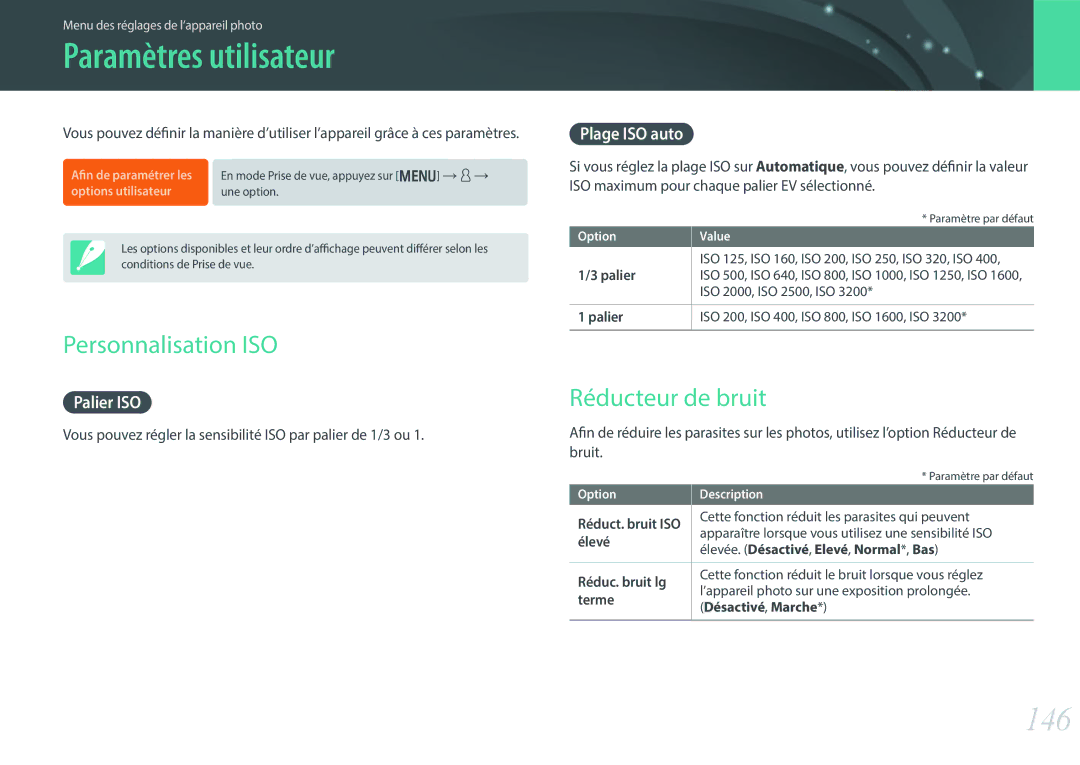 Samsung EV-NX300ZBSTFR, EV-NX300ZBSVFR manual Paramètres utilisateur, 146, Personnalisation ISO, Réducteur de bruit 