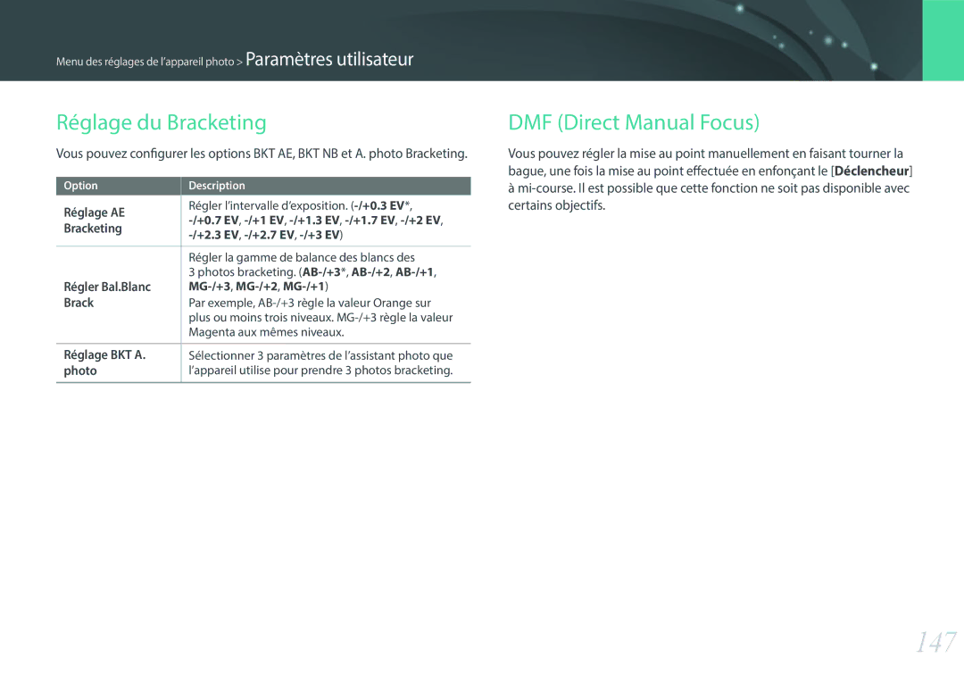 Samsung EV-NX300ZBSVFR, EV-NX300ZBQUFR, EV-NX300ZBFUFR, EV-NX300ZBSTFR 147, Réglage du Bracketing, DMF Direct Manual Focus 