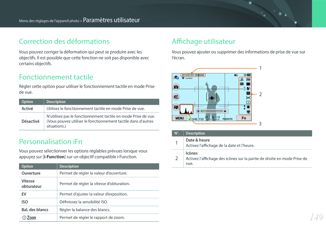 Samsung EV-NX300ZBFUFR, EV-NX300ZBSVFR manual 149, Correction des déformations, Fonctionnement tactile, Personnalisation iFn 
