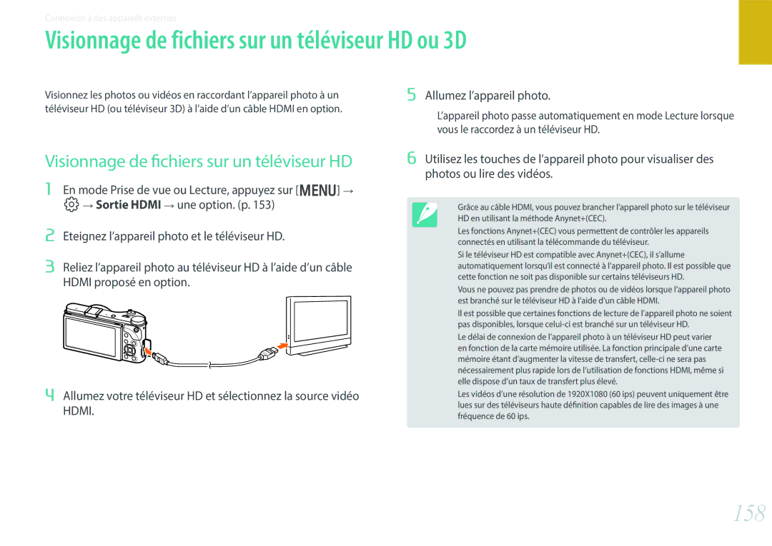 Samsung EV-NX300ZBSTFR, EV-NX300ZBSVFR Visionnage de fichiers sur un téléviseur HD ou 3D, 158, Allumez l’appareil photo 