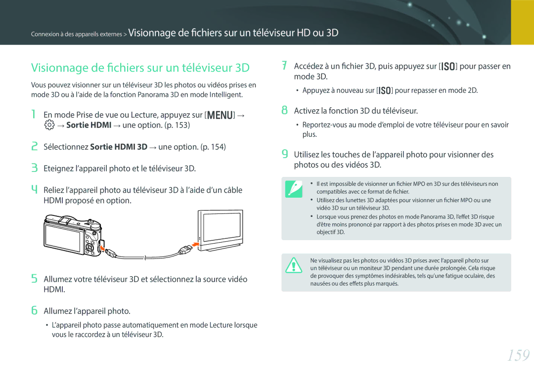 Samsung EV-NX300ZBSVFR manual 159, Visionnage de fichiers sur un téléviseur 3D, Activez la fonction 3D du téléviseur 