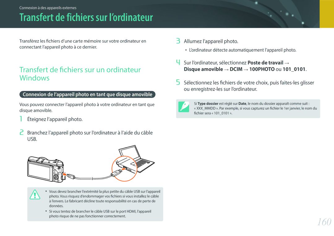 Samsung EV-NX300ZBQUFR, EV-NX300ZBSVFR, EV-NX300ZBFUFR, EV-NX300ZBSTFR 160, Transfert de fichiers sur un ordinateur Windows 