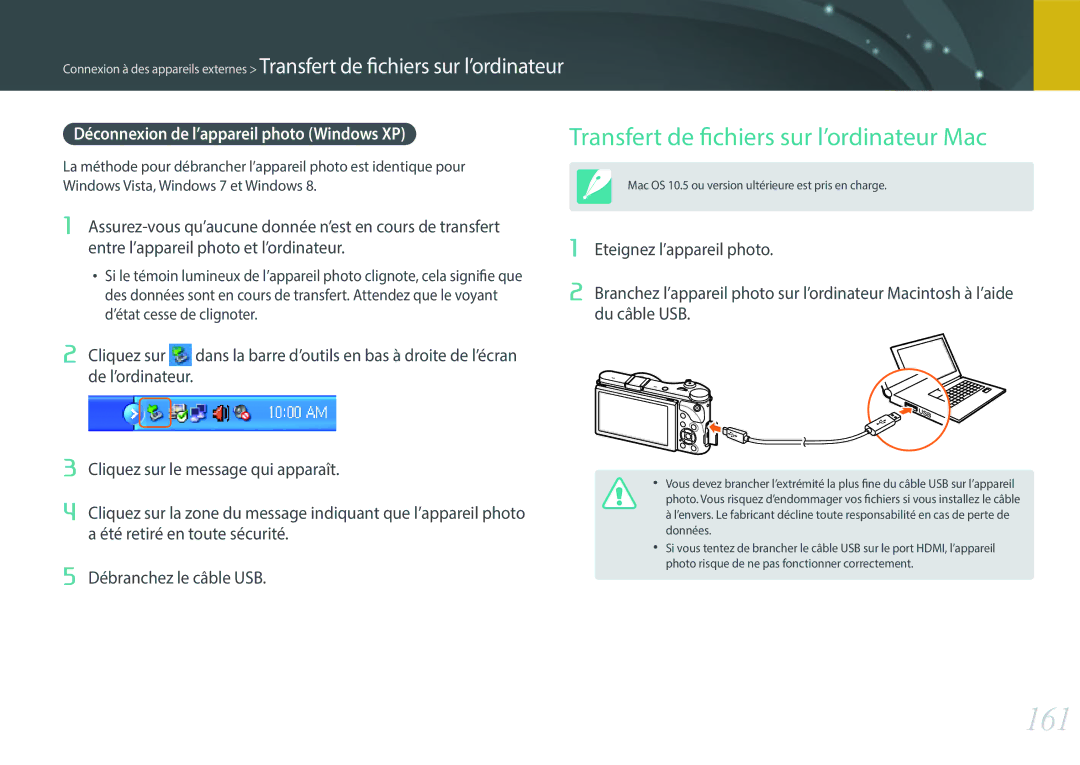 Samsung EV-NX300ZBFUFR manual 161, Transfert de fichiers sur l’ordinateur Mac, Déconnexion de l’appareil photo Windows XP 
