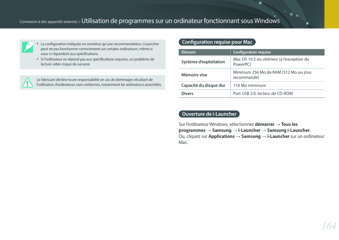 Samsung EV-NX300ZBQUFR manual 164, Configuration requise pour Mac, Ouverture de i-Launcher, Ou, cliquez sur Applications 