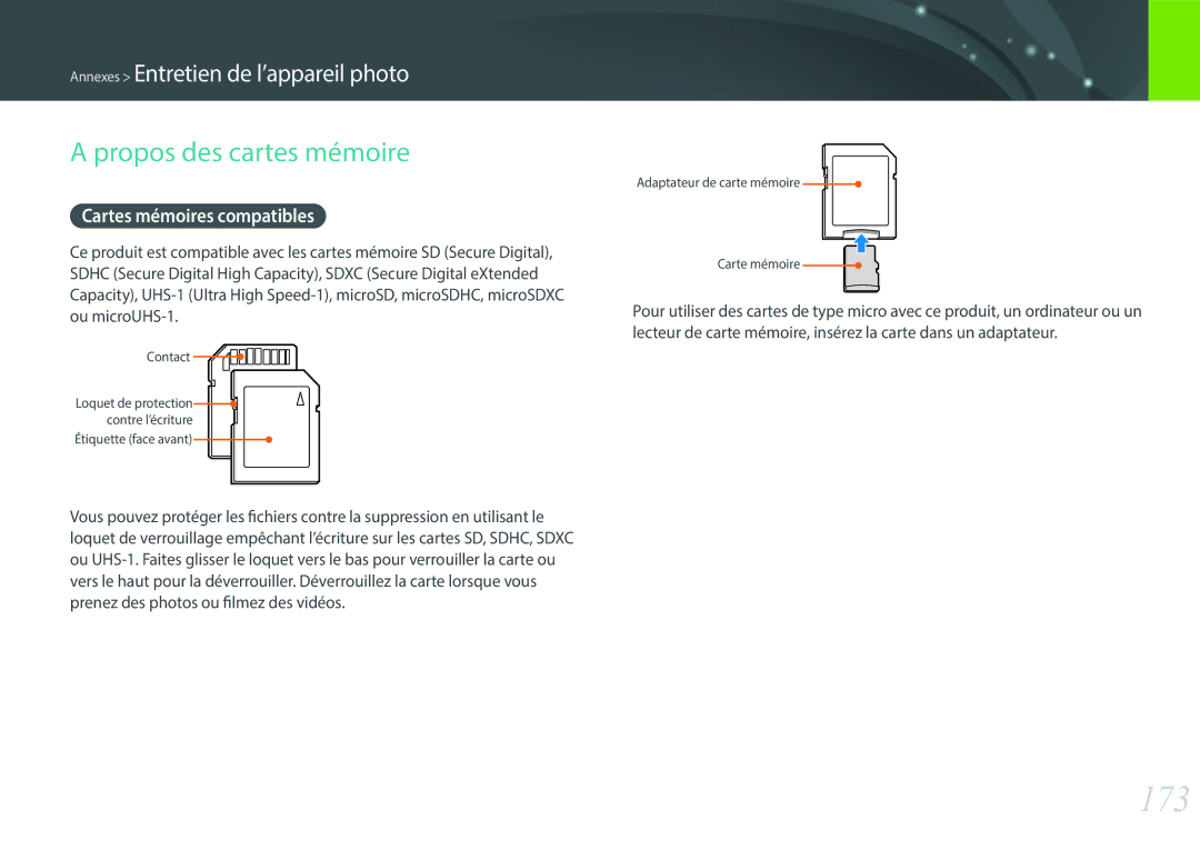 Samsung EV-NX300ZBFUFR, EV-NX300ZBSVFR, EV-NX300ZBQUFR manual 173, Propos des cartes mémoire, Cartes mémoires compatibles 