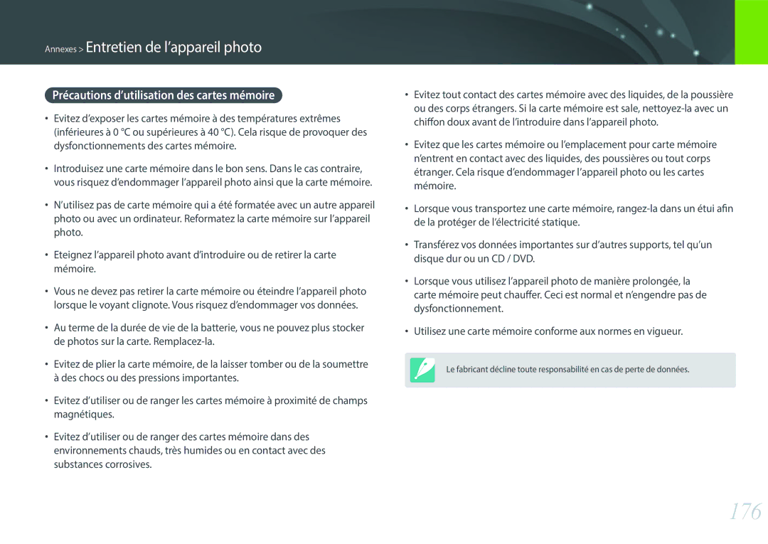 Samsung EV-NX300ZBQUFR, EV-NX300ZBSVFR, EV-NX300ZBFUFR, EV-NX300ZBSTFR 176, Précautions d’utilisation des cartes mémoire 