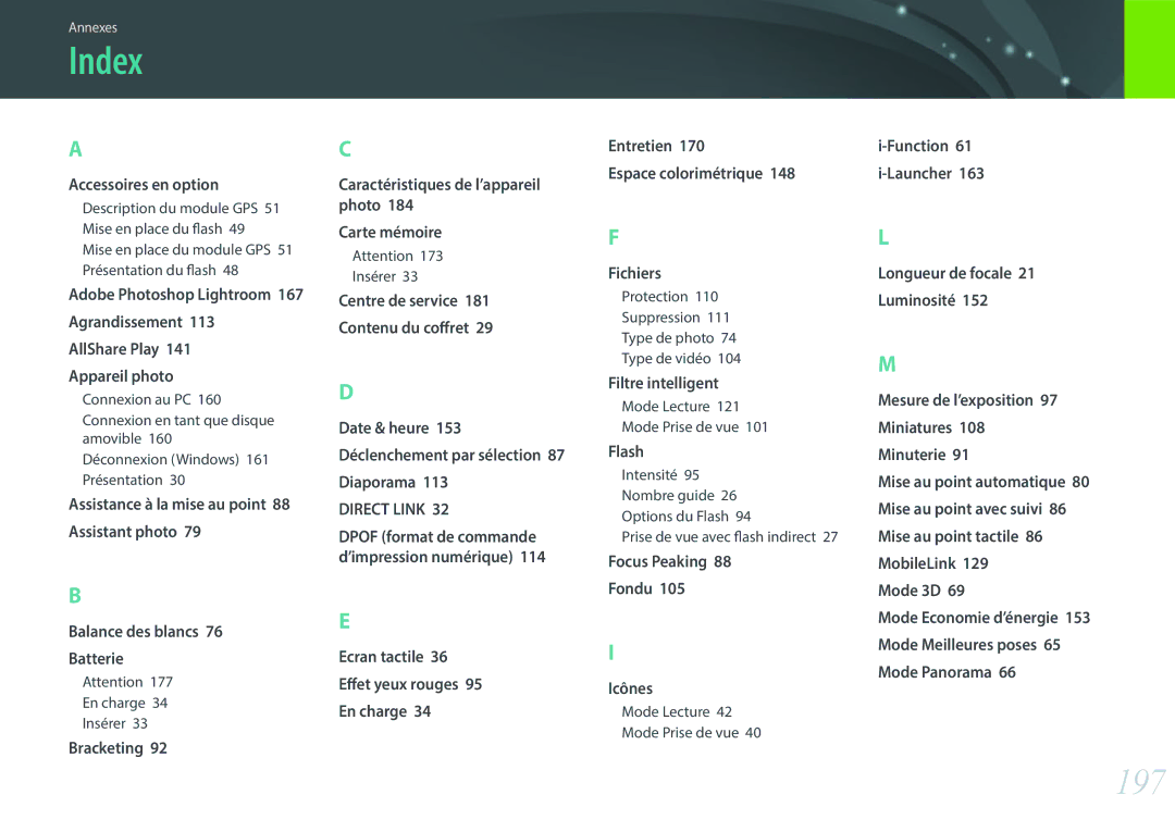 Samsung EV-NX300ZBFUFR Index, 197, Function, Adobe Photoshop Lightroom, Assistance à la mise au point 88 Assistant photo 