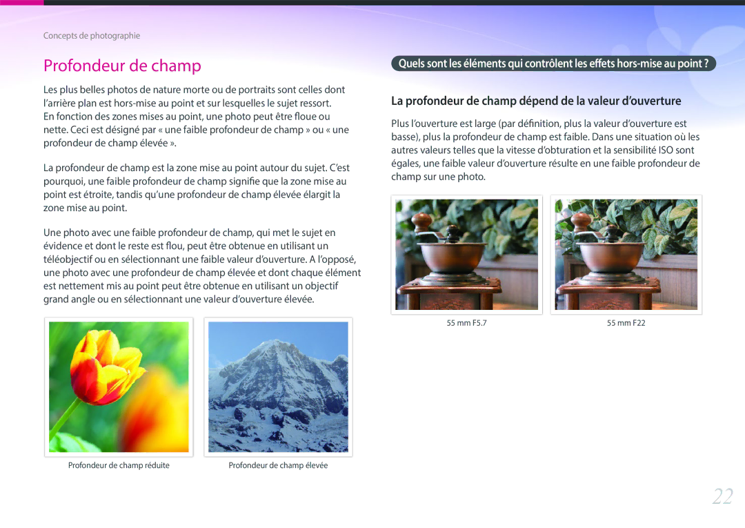 Samsung EV-NX300ZBSTFR, EV-NX300ZBSVFR manual Profondeur de champ, La profondeur de champ dépend de la valeur d’ouverture 