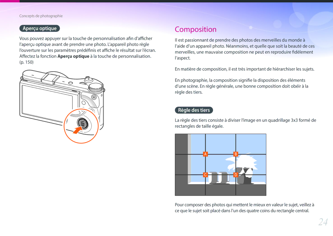 Samsung EV-NX300ZBQUFR, EV-NX300ZBSVFR, EV-NX300ZBFUFR, EV-NX300ZBSTFR manual Aperçu optique, Règle des tiers 