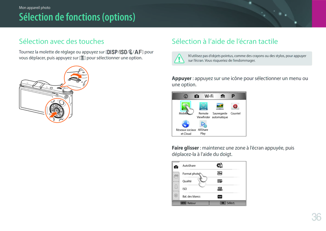 Samsung EV-NX300ZBQUFR, EV-NX300ZBSVFR, EV-NX300ZBFUFR Sélection avec des touches, Sélection à l’aide de l’écran tactile 