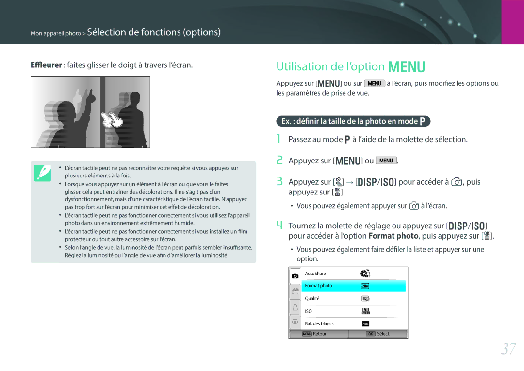 Samsung EV-NX300ZBFUFR, EV-NX300ZBSVFR manual Utilisation de l’option m, Effleurer faites glisser le doigt à travers l’écran 