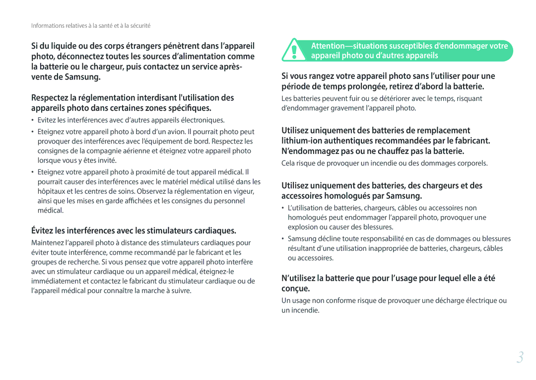 Samsung EV-NX300ZBSVFR Évitez les interférences avec les stimulateurs cardiaques, Appareil photo ou d’autres appareils 