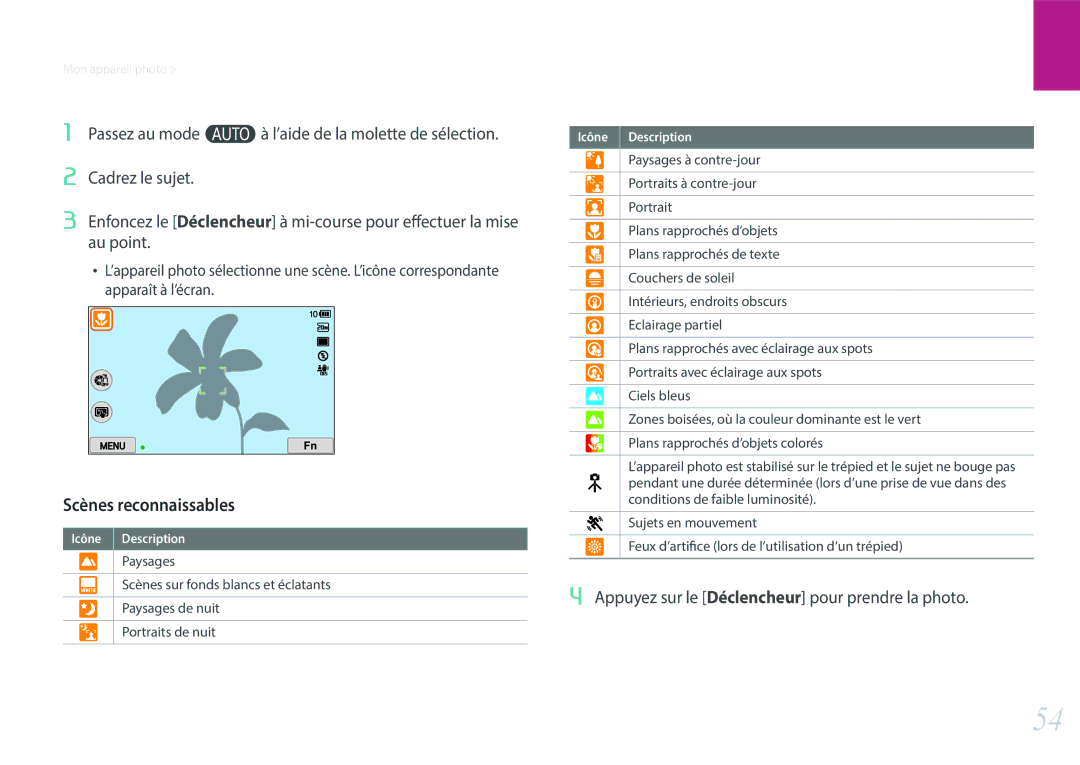 Samsung EV-NX300ZBSTFR, EV-NX300ZBSVFR manual Scènes reconnaissables, Appuyez sur le Déclencheur pour prendre la photo 
