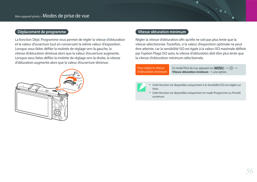 Samsung EV-NX300ZBQUFR, EV-NX300ZBSVFR, EV-NX300ZBFUFR, EV-NX300ZBSTFR Déplacement de programme, Vitesse obturation minimum 