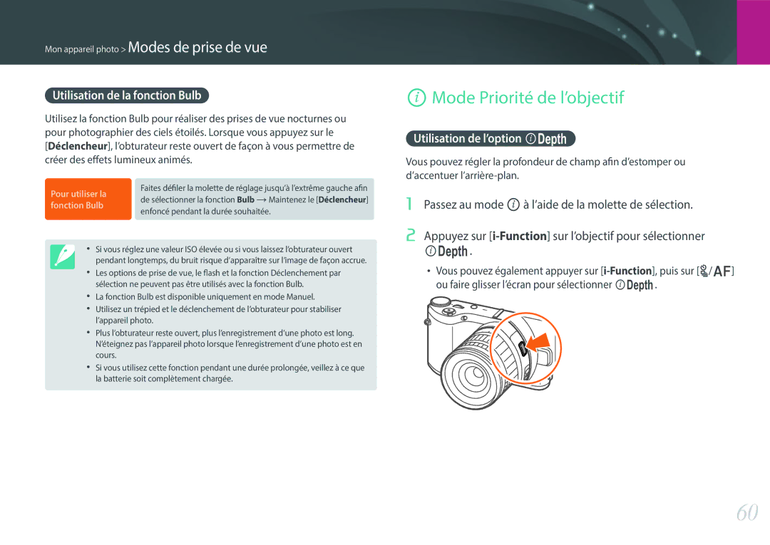 Samsung EV-NX300ZBQUFR manual Mode Priorité de l’objectif, Utilisation de la fonction Bulb, Utilisation de l’option E 