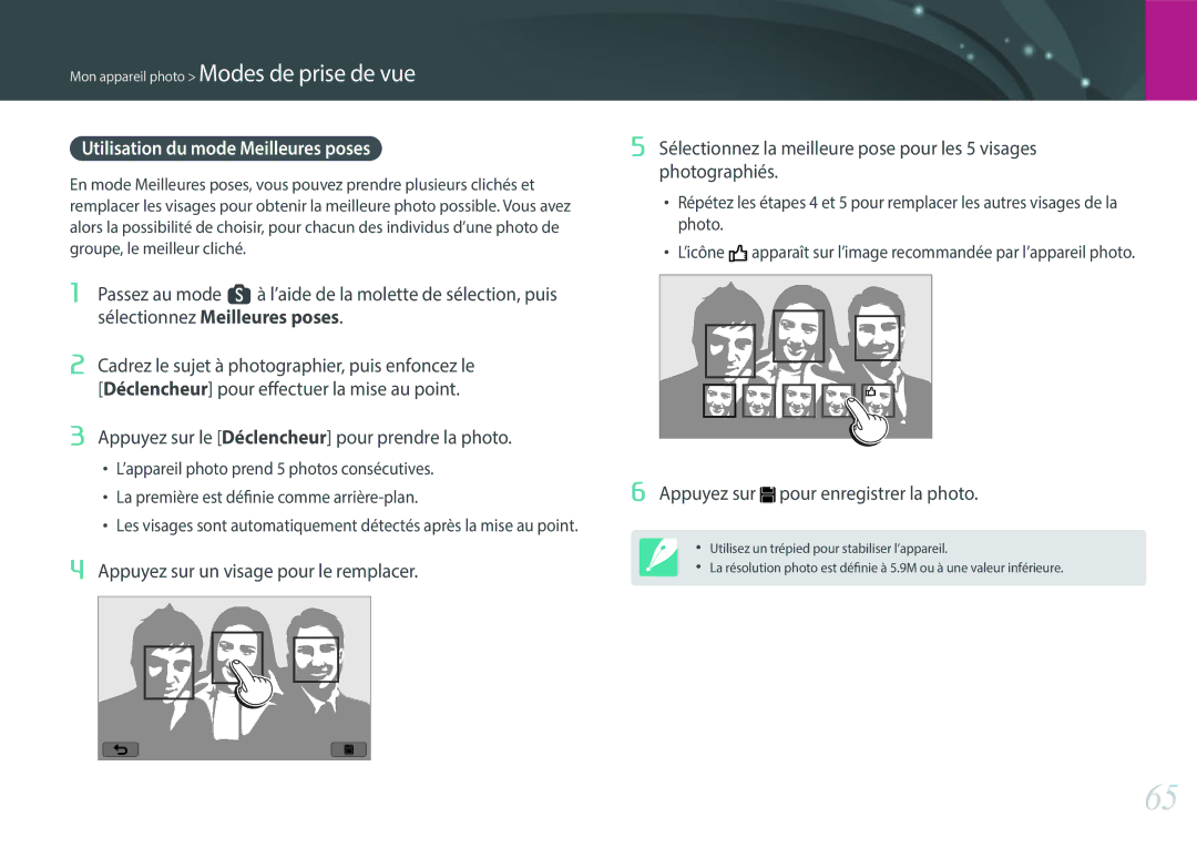 Samsung EV-NX300ZBFUFR, EV-NX300ZBSVFR manual Utilisation du mode Meilleures poses, Appuyez sur pour enregistrer la photo 