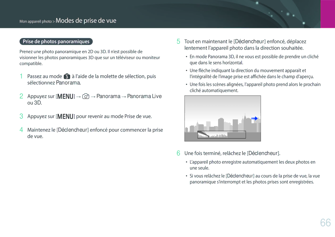 Samsung EV-NX300ZBSTFR, EV-NX300ZBSVFR manual Prise de photos panoramiques, Une fois terminé, relâchez le Déclencheur 