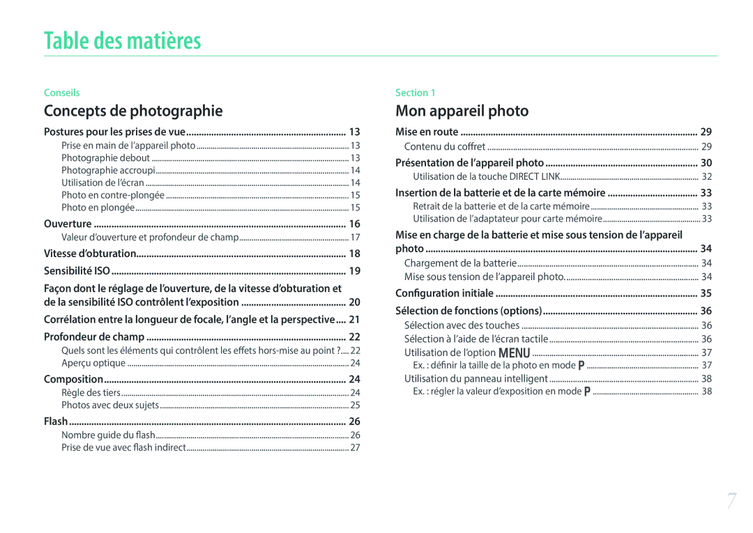 Samsung EV-NX300ZBSVFR, EV-NX300ZBQUFR, EV-NX300ZBFUFR, EV-NX300ZBSTFR manual Table des matières, Concepts de photographie 