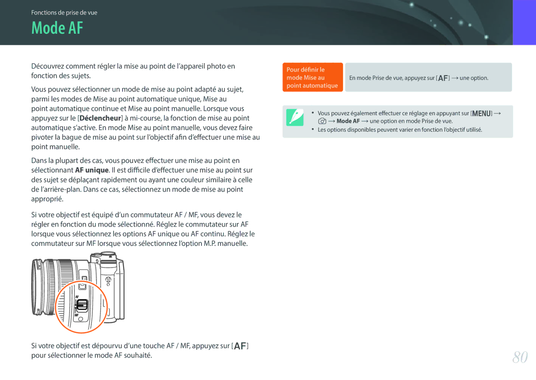 Samsung EV-NX300ZBQUFR, EV-NX300ZBSVFR, EV-NX300ZBFUFR, EV-NX300ZBSTFR manual Mode AF, Pour définir le 