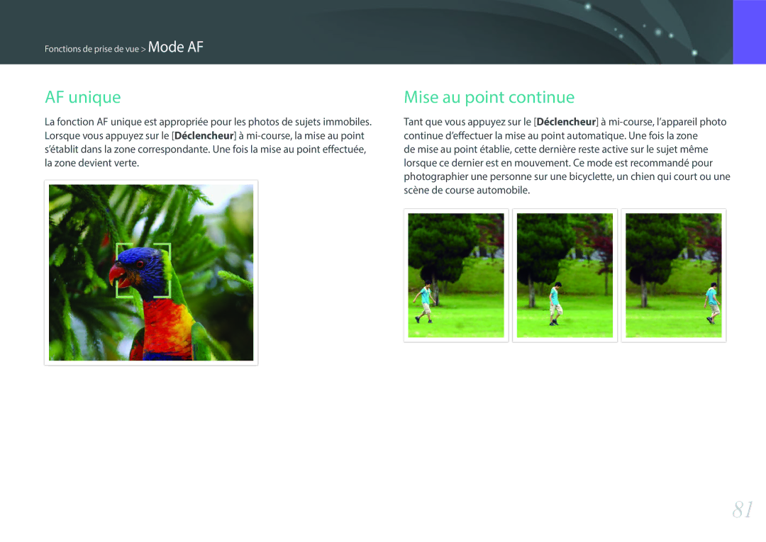 Samsung EV-NX300ZBFUFR, EV-NX300ZBSVFR, EV-NX300ZBQUFR, EV-NX300ZBSTFR manual AF unique, Mise au point continue 