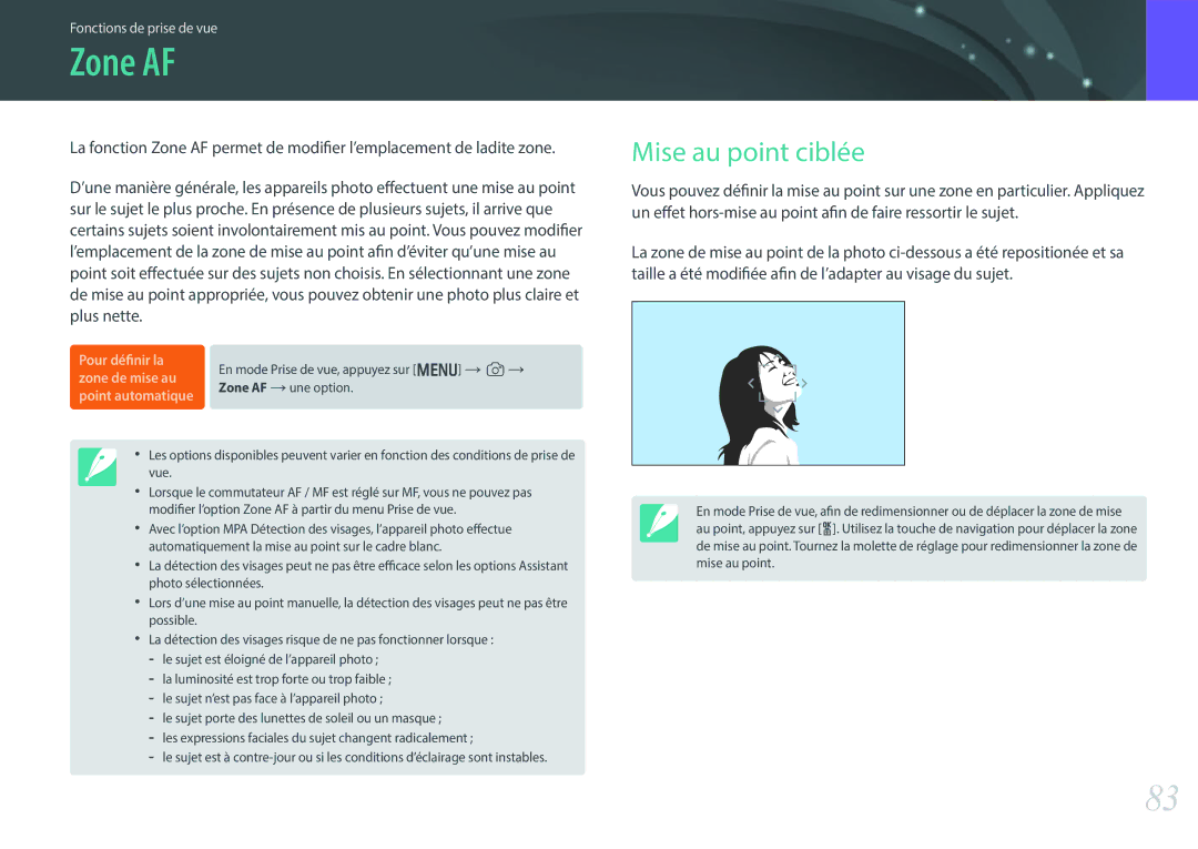Samsung EV-NX300ZBSVFR, EV-NX300ZBQUFR, EV-NX300ZBFUFR, EV-NX300ZBSTFR manual Zone AF, Mise au point ciblée 