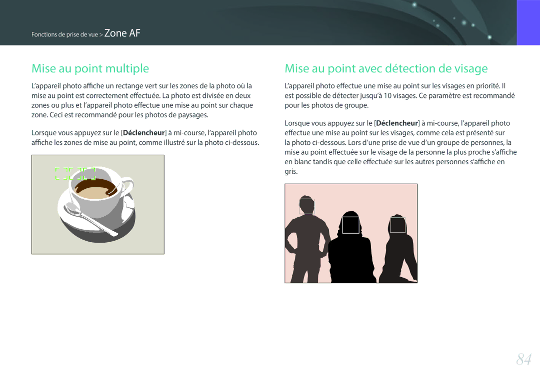 Samsung EV-NX300ZBQUFR, EV-NX300ZBSVFR, EV-NX300ZBFUFR manual Mise au point multiple, Mise au point avec détection de visage 