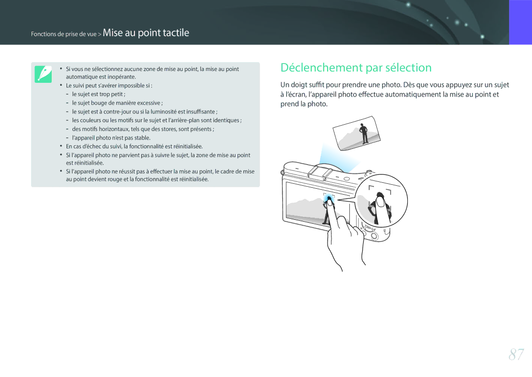 Samsung EV-NX300ZBSVFR, EV-NX300ZBQUFR manual Déclenchement par sélection, Fonctions de prise de vue Mise au point tactile 