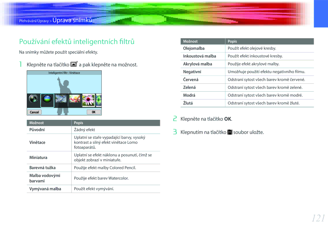 Samsung EV-NX300ZBSTDE manual 121, Používání efektů inteligentních filtrů, Klepněte na tlačítko a pak klepněte na možnost 
