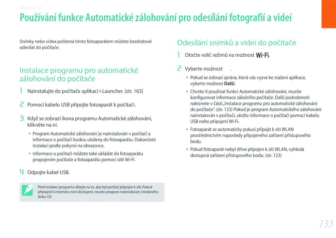 Samsung EV-NX300ZBSTPL manual 133, Odesílání snímků a videí do počítače, Otočte volič režimů na možnost B Vyberte možnost 