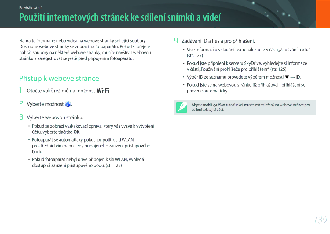 Samsung EV-NX300ZBSVGR manual Použití internetových stránek ke sdílení snímků a videí, 139, Přístup k webové stránce 