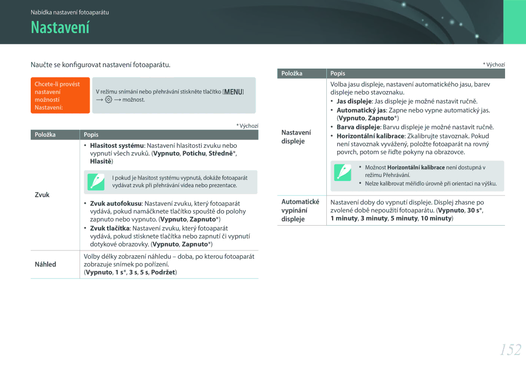 Samsung EV-NX300ZBQUPL, EV-NX300ZBSVGR, EV-NX300ZBUTDE manual Nastavení, 152, Naučte se konfigurovat nastavení fotoaparátu 