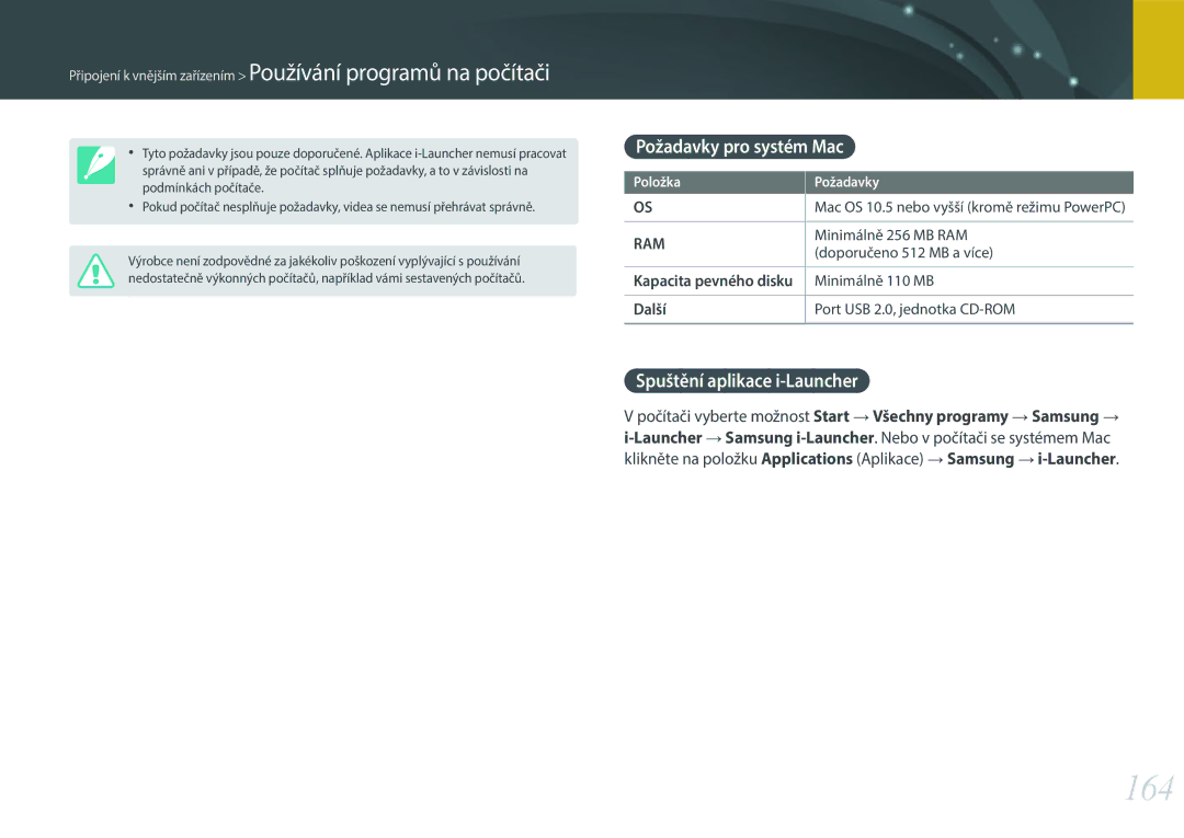Samsung EV-NX300ZBQUCZ, EV-NX300ZBSVGR, EV-NX300ZBUTDE manual 164, Požadavky pro systém Mac, Spuštění aplikace i-Launcher 