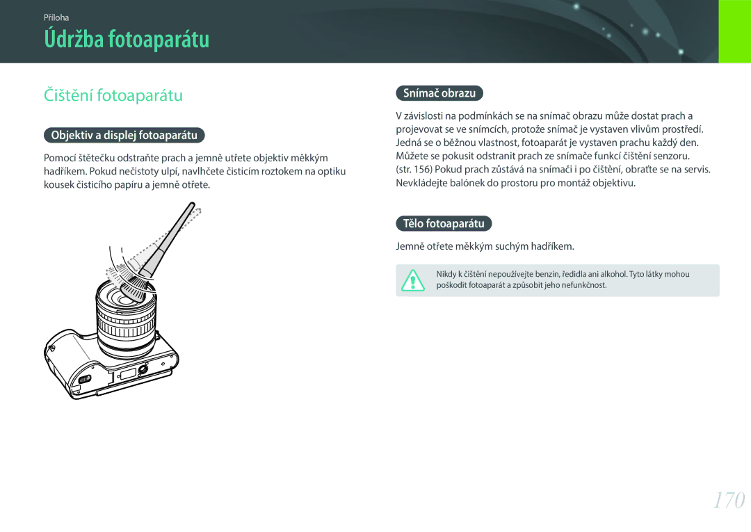 Samsung EV-NX300ZBUTDE, EV-NX300ZBSVGR, EV-NX300ZBSTDE, EV-NX300ZBQUPL manual Údržba fotoaparátu, 170, Čištění fotoaparátu 