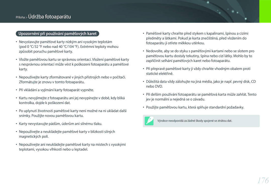 Samsung EV-NX300ZBQUCH, EV-NX300ZBSVGR, EV-NX300ZBUTDE, EV-NX300ZBSTDE manual 176, Upozornění při používání paměťových karet 