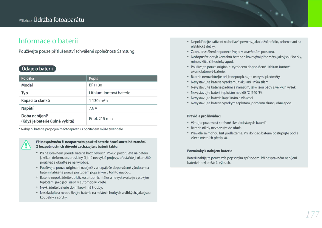 Samsung EV-NX300ZBSVCZ, EV-NX300ZBSVGR, EV-NX300ZBUTDE, EV-NX300ZBSTDE manual 177, Informace o baterii, Údaje o baterii 