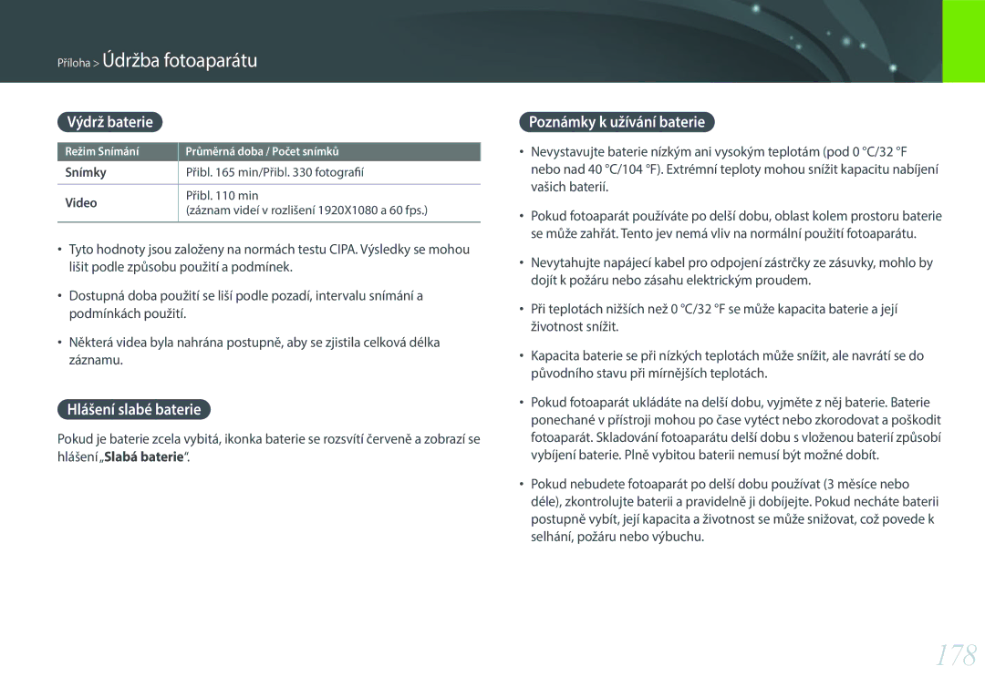 Samsung EV-NX300ZBSVHU, EV-NX300ZBSVGR manual 178, Výdrž baterie, Hlášení slabé baterie, Poznámky k užívání baterie, Snímky 